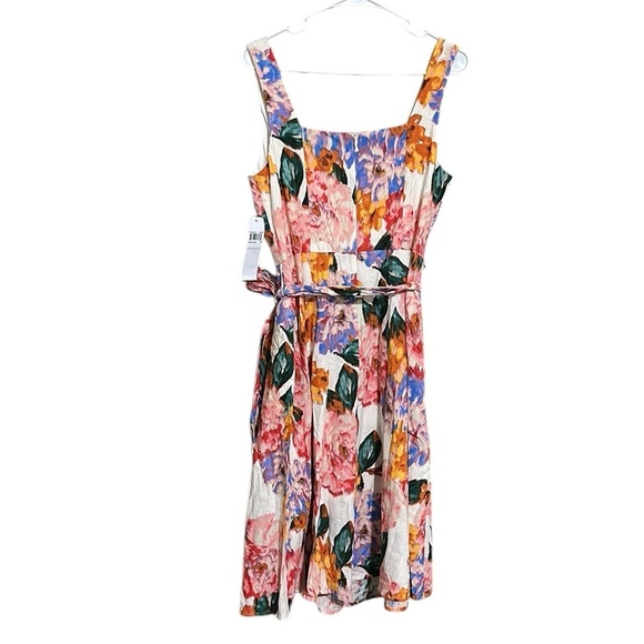 London Times NWT Floral Sleeveless Dress Square Neck A-line Linen Blend Size 12 - Picture 3 of 13